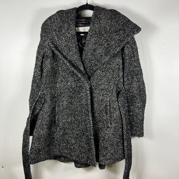 TRINA TURK WOOL BLEND button FRONT HERRINGBONE JACKET SIZE 12 MODERN Hooded Belt - Picture 5 of 11